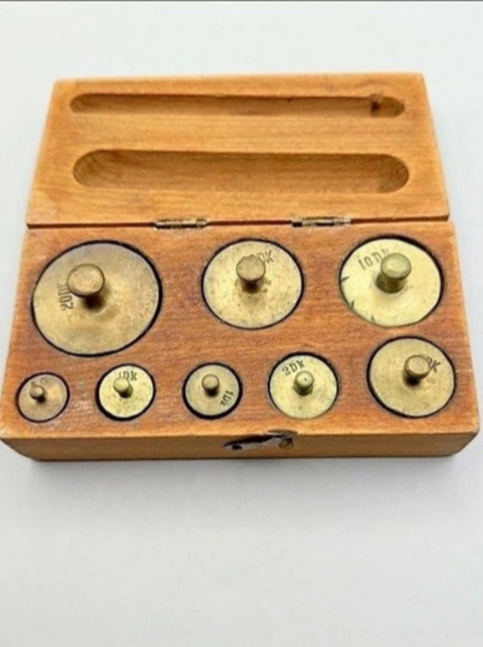Vtg Brass Scale Weights Set Dekagram DK Metric Balance Calibration Wooden Box